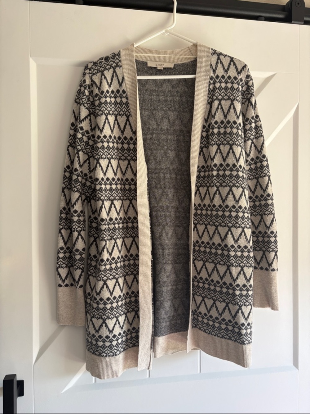 LOFT Cream and Black Fair Isle Open Cardigan